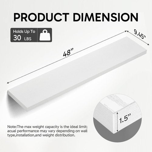 BAYKA Floating Shelves - 48-Inch Heavy Duty Rustic Wood Wall Mounted | Set of 2 for Home Decor & Storage (White)
