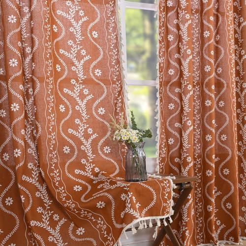 Floral Rust Orange Linen Curtains 96" Length - 2 Panels