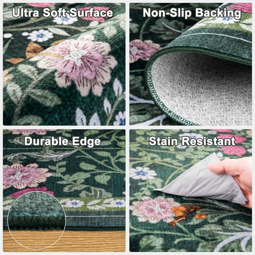 8x10 Washable Vintage Floral Area Rug - Non-Slip Dark Green Carpet
