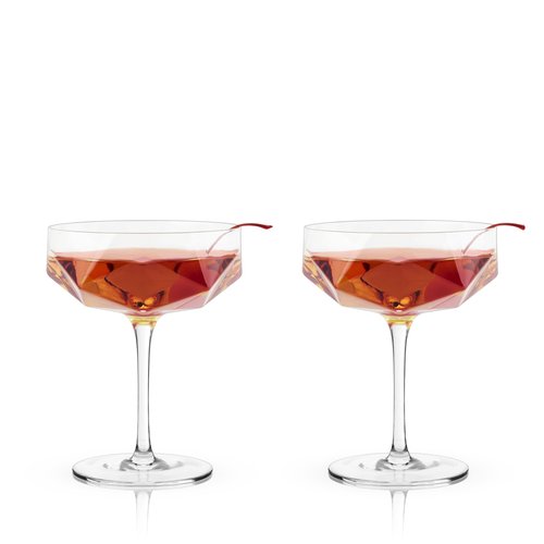 Viski Faceted Coupe Glasses set of 2, Champagne, Martini, Wine, Crystal Cocktail Glasses for Bar, Drinking Glass Set of 2, 7oz