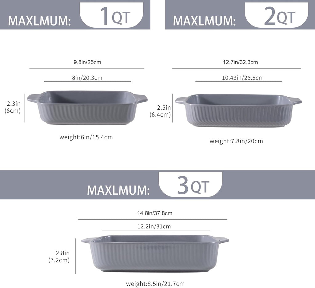 Yachi Ceramic Casserole Dishes - Set of 3 Rectangular Bakeware with Handles | Oven & Microwave Safe Gray (14.8''/12.7''/9.8'')