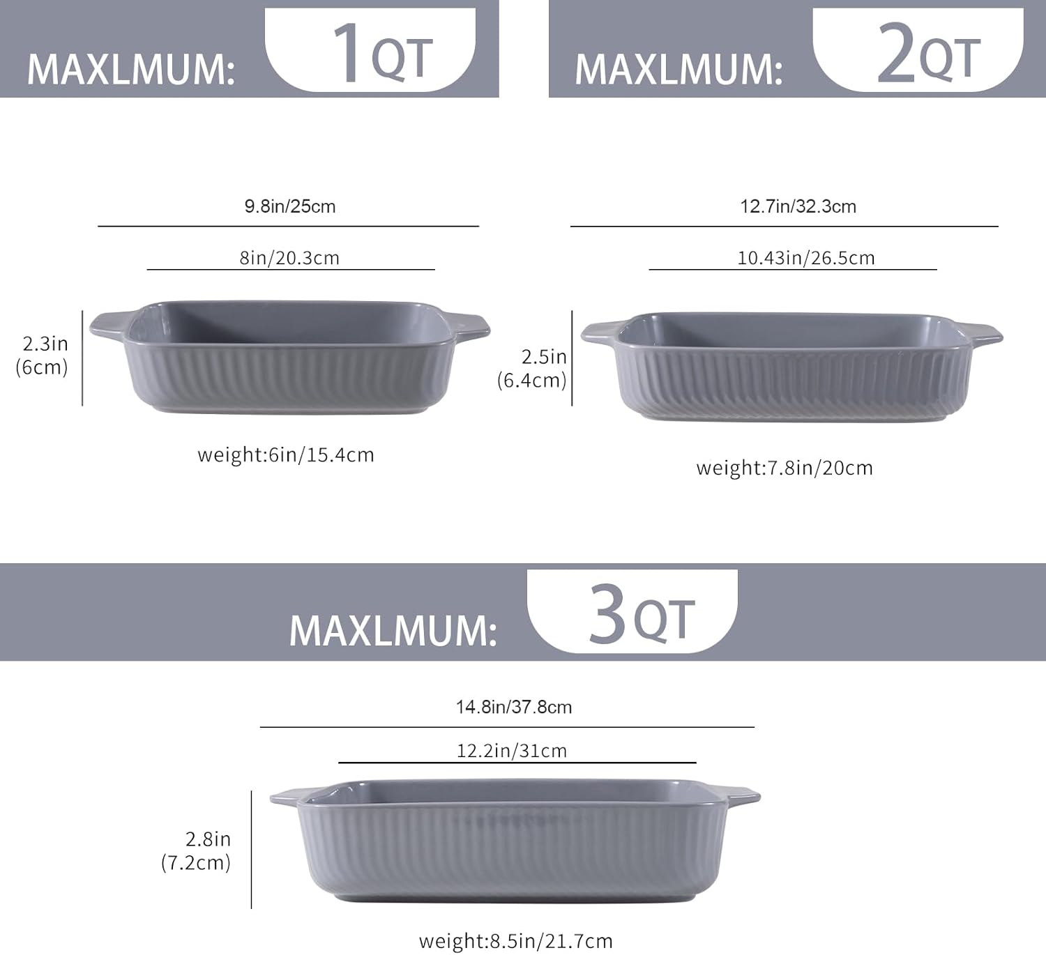 Yachi Ceramic Casserole Dishes - Set of 3 Rectangular Bakeware with Handles | Oven & Microwave Safe Gray (14.8''/12.7''/9.8'')