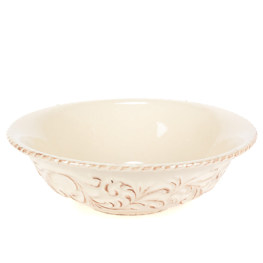 Detailed Embossed Cream Ceramic 9.5-Inch Dia. Bowl With Beautiful Acanthus Leaf Scrolled Metal Base