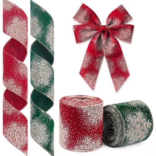 Christmas Ribbon 2 Rolls Glitter Snowflake Wired 2.5" x 10yd Red & Green Wrapping