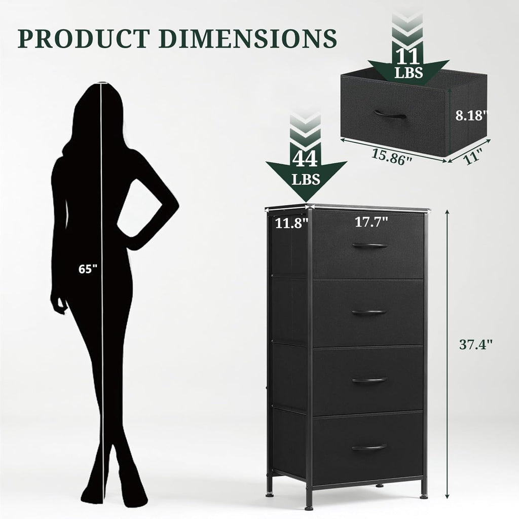 Regine Switzerland 4-Drawer Nightstand - Stylish Bedside Table with Wooden Top & Fabric Bins | Black