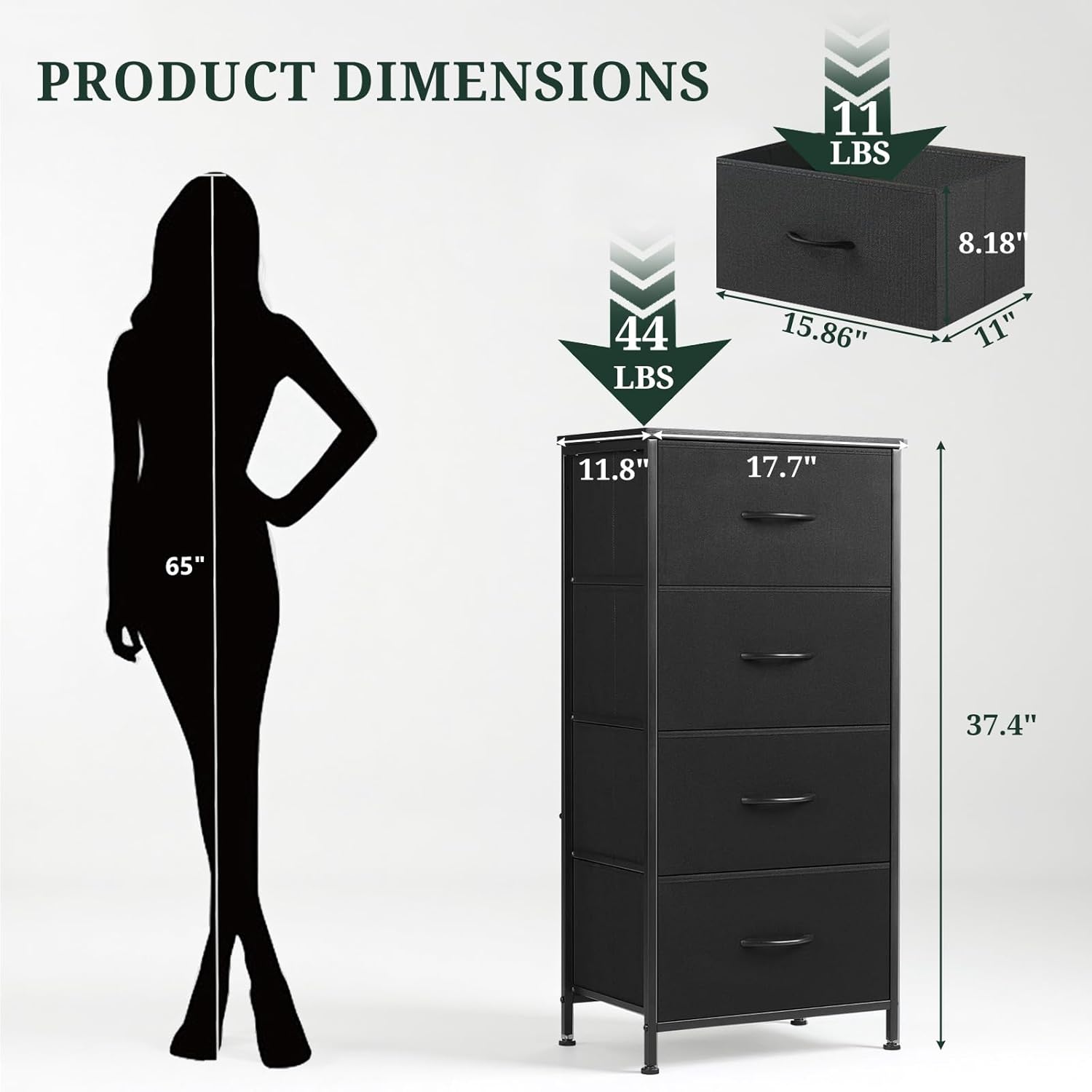 Regine Switzerland 4-Drawer Nightstand - Stylish Bedside Table with Wooden Top & Fabric Bins | Black