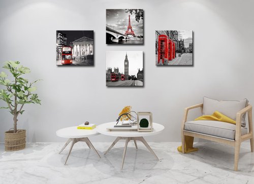 Black and White City Landscape Wall Art for Bedroom Red Street Scenery Canvas Decor for Bathroom Paris Eiffel Tower Pictures Prints London Big Ben Artwork for Living Room Office 16"x16"