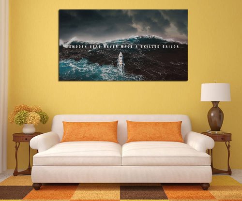 Sea Waves Canvas Prints Wall Art Inspirational Smooth Sea Never Made a Skilled Sailor Wall Art Canvas Print Framed Picture Painting for Office Hallway Home Decor-24"x48"