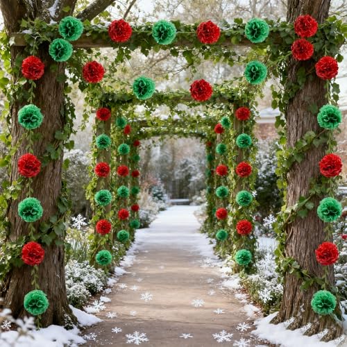 Red Tissue Paper Pom Pom Garland for Christmas & Events - 2 Pack, 16.4ft