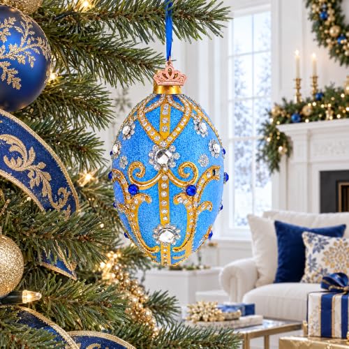 Jewels and Golden Scrolls on Glitter Blue Glass Egg Ornament 4 Inches