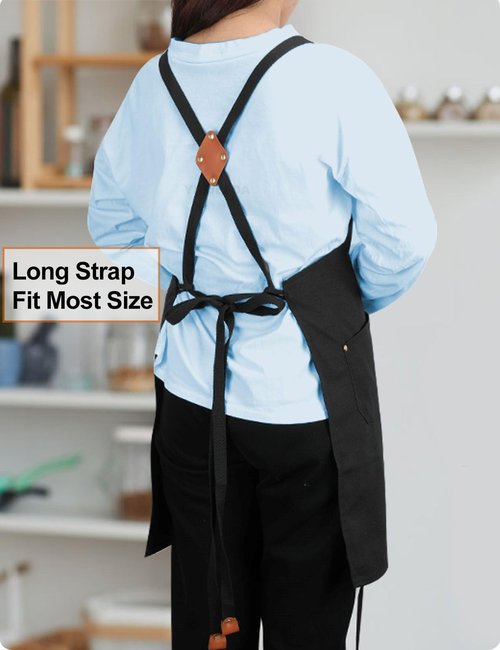 YIUJEFDA Black Cross Back Aprons for Women Men, Adjustable Long Straps Large Pockets Canvas Waterproof Apron for Chef Kitchen Cooking Server