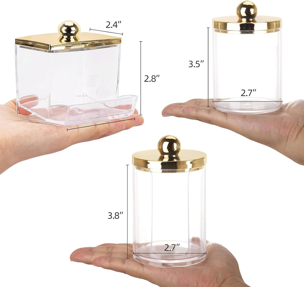 Tbestmax Q-Tips Dispenser | 3-Pack Bathroom Organizers - Plastic Apothecary Jars with Gold Lids