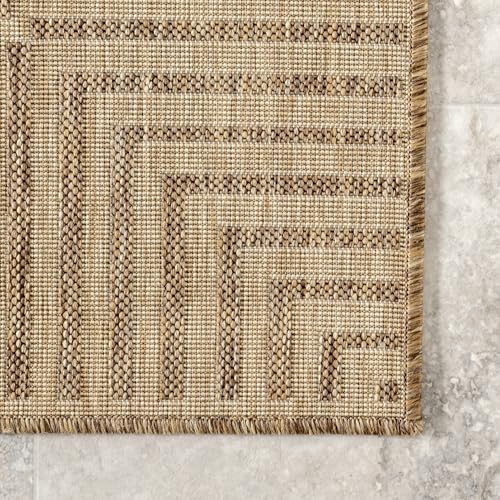nuLOOM 2x8 Outdoor/Indoor Asha Area Rug, Light Brown, Casual Design With Striped Border, Stain Resistant, Highly Durable, For Patio, Balcony, Bedroom, Living Room, Dining Room, Bathroom