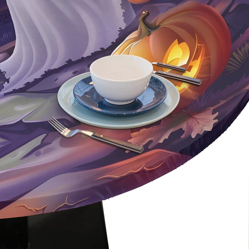 cfpolar Round Tablecloth with Elastic Edge Halloween Pumpkin bat Ghosts Round Fitted Table Cover Waterproof Wipeable Circle Table Cloths for Dining Kitchen Pattry Patio Outdoor (Fit for 45"-50")