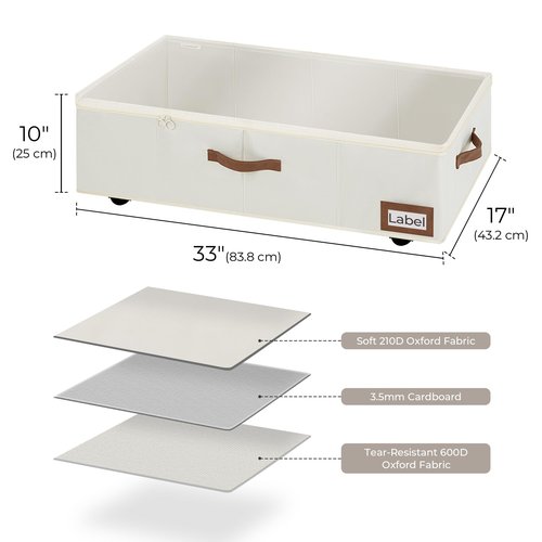 StorageWorks Under Bed Storage with Wheels, 10" Underbed Storage Containers with Lid, 90L Clothes Organizer for Blankets, Sweaters, Bedding, 2-Pack, Beige