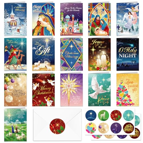 16PCS Religious Nativity Christmas Cards with Envelopes & Stickers - Christian Holiday Greeting Set