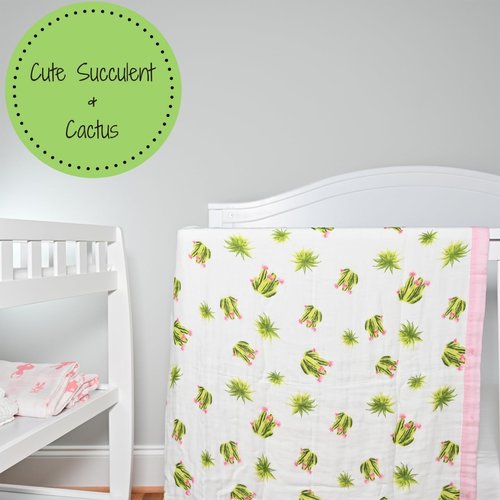 LollyBanks Muslin Quilt Blanket, Large 47 x 47 Inches Versatile Crib Blanket for Baby Girls, 6 Layers Newborn Blanket, Soft Blend 70% Viscose Made from Bamboo + 30% Cotton, Registry (Cactus Print)
