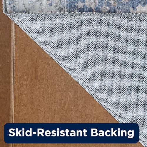 2-Piece Washable Chenille Rug Set, Geometric Print, Non-Slip, Blue/Taupe