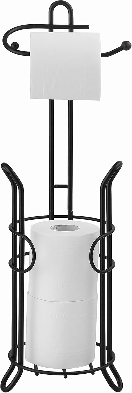 SunnyPoint Toilet Paper Holder - Freestanding Design with Storage for 3 Spare Rolls, Heavy-Duty Steel, Black Finish