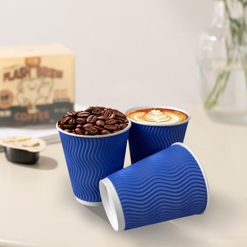 V VAMEI 12 oz Coffee Cups 100 Count, Disposable Paper Cups 12oz, Corrugated Ripple Wall To Go Coffee Cups for Hot Beverage Party Home Office School Work Morning Coffee Bar, Blue
