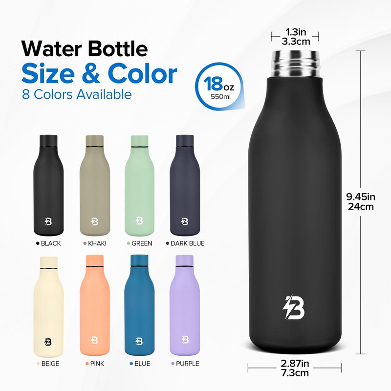 Insulated Metal Water Bottle, 18 oz Stainless Steel Leak-Proof Gym Water Bottle with Lid for Men Women (Black)