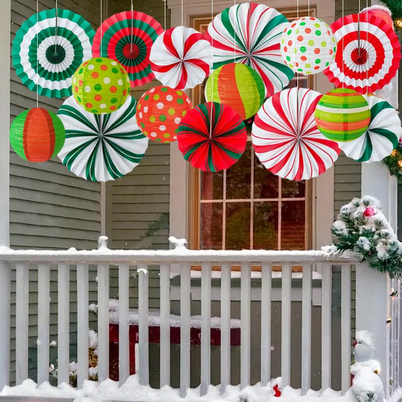15 Pcs Christmas Candy Party Decorations Set - Red, Green & White Honeycomb Fans & Lanterns for Holiday Festivities