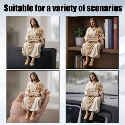 Little Jesus | Mini Handmade Sitting Jesus Figurine - Inspirational "I Am With You Always" Sign, Small Resin Decor for Office or Car Dashboard