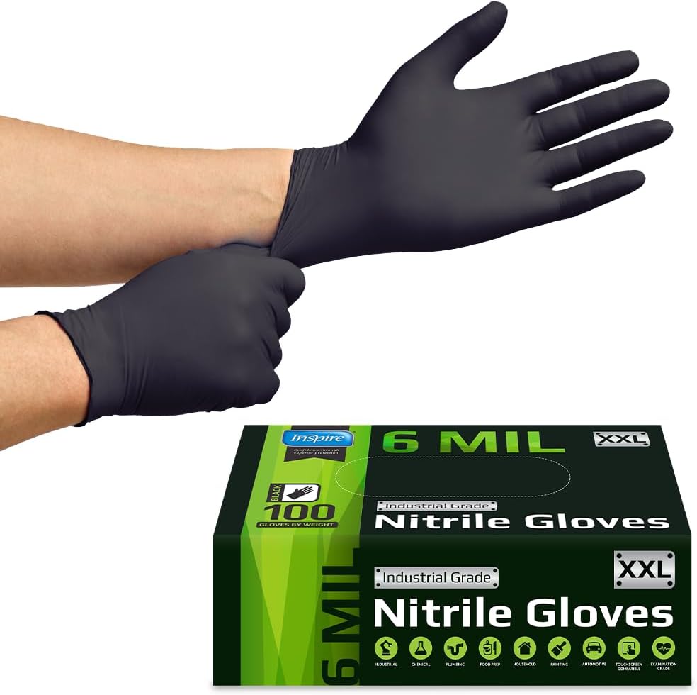 Skiennix Heavy Duty Black Nitrile Gloves - 6 Mil Chemical Resistant Disposable for Medical & Cleaning Use