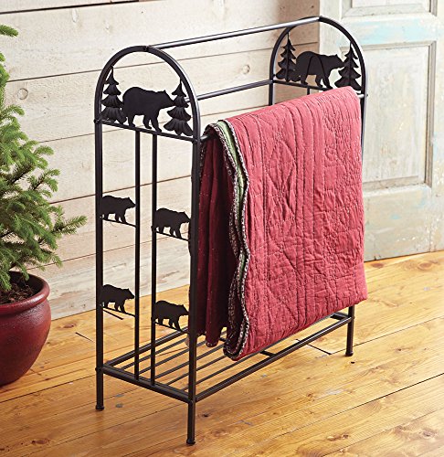 Rustic Black Bear Metal Quilt Rack with Bottom Shelf, 29 x 18.5 x 36 Inches