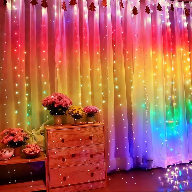 Skiennix 300LED Fairy Curtain Lights - 9.8x9.8Ft Warm White USB String Lights with Remote & Timer for Indoor/Outdoor Decor