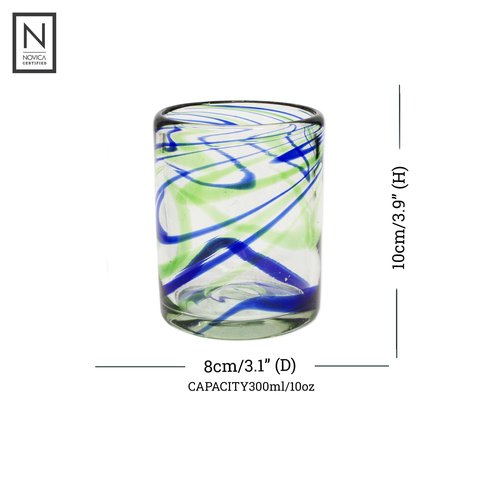 NOVICA Artisan Handblown Recycled Tumbler Drinkware | Rocks Glass Handmade Mexico Drinkware Tumbler | Handcrafted Blown Glass Rocks Blue Green Swirls | Eco-Friendly Drinking Glasses | 10 oz | 'Elegant