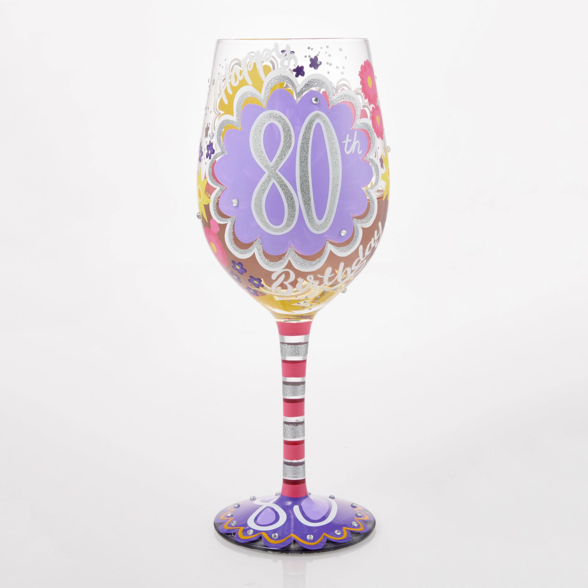 Enesco Lolita Happy 80th Birthday Hand-Painted Artisan Wine Glass, 15 Ounce, Multicolor