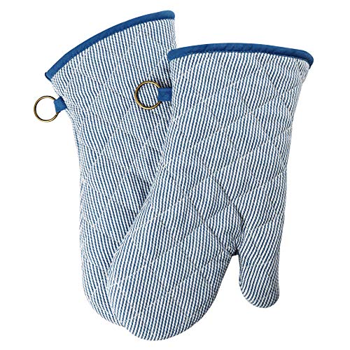 Extra-Long Cotton Oven Mitts, Heat Resistant 470°F - 1 Pair Blue Striped