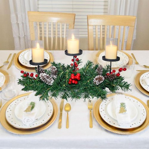 Christmas Table Centerpiece | 21.7” Candle Holders with Iron Trays & Red Berries | Holiday Home Decor