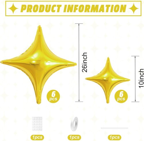 Gold Star Balloons | 12-Pack Four Angle Star Foil Balloons - 26" & 10" Gold Helium Balloons for Parties