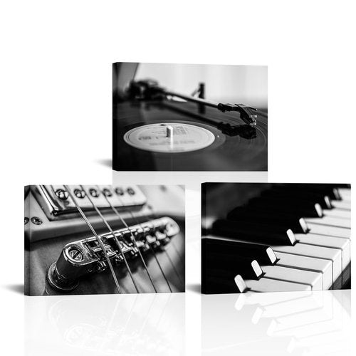 AoArtWZ Music Canvas Wall Art Guitar Piano Vinyl Record Picture Prints Black and White Instrument Poster Artwork for Home Living Room Bedroom Modern Decor Framed (16" x 24" x 3Pcs)