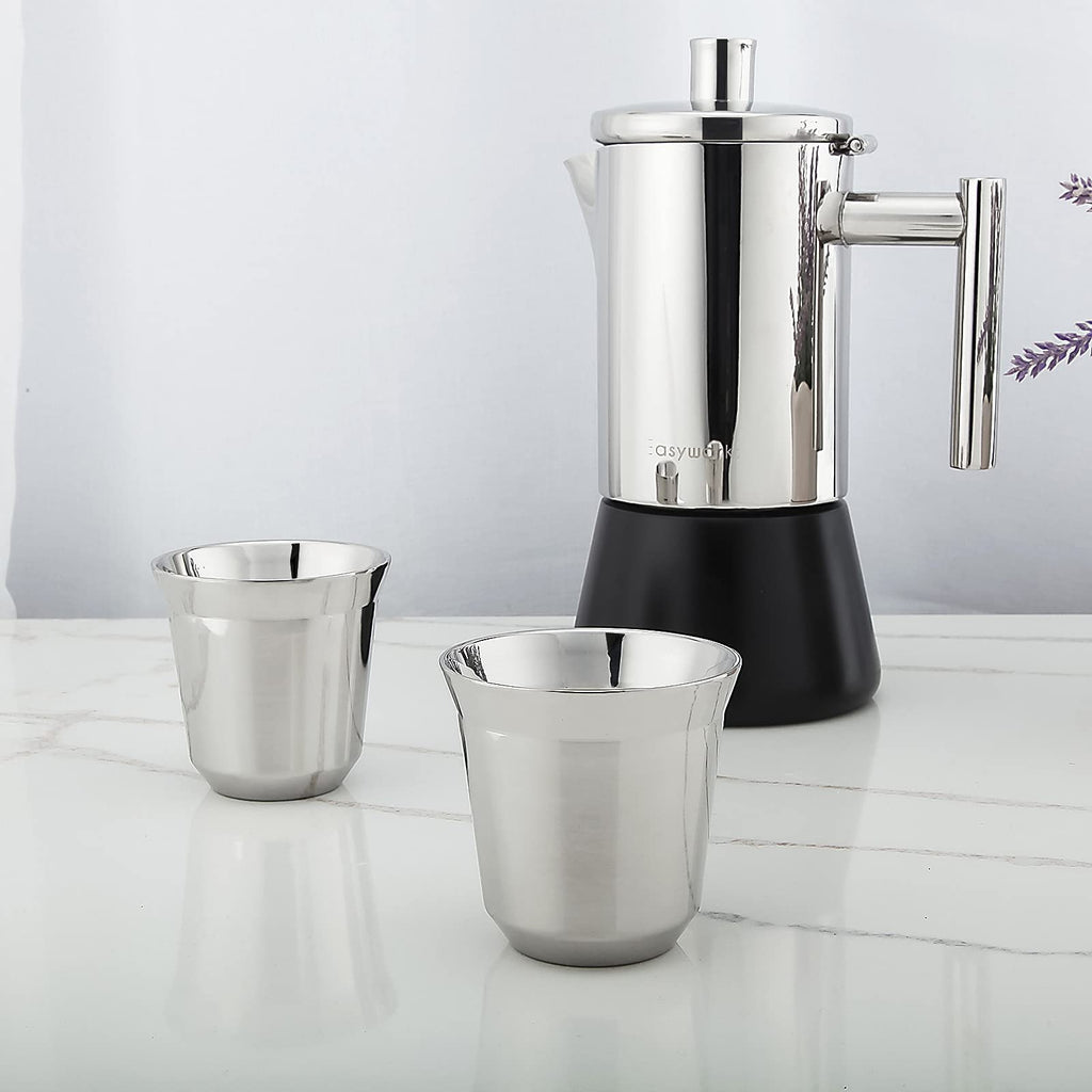 Easyworkz Pedro Stovetop Espresso Maker 6Cup 300ml, Bundled Stainless Steel Espresso Cup 2pcs Set Double Wall Insulated Metal Demitasse Cups 2.5 oz