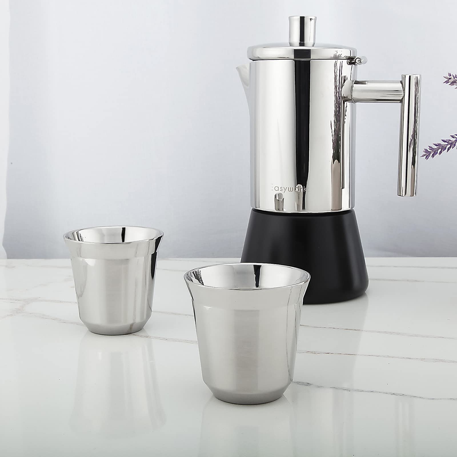 Easyworkz Pedro Stovetop Espresso Maker 6Cup 300ml, Bundled Stainless Steel Espresso Cup 2pcs Set Double Wall Insulated Metal Demitasse Cups 2.5 oz