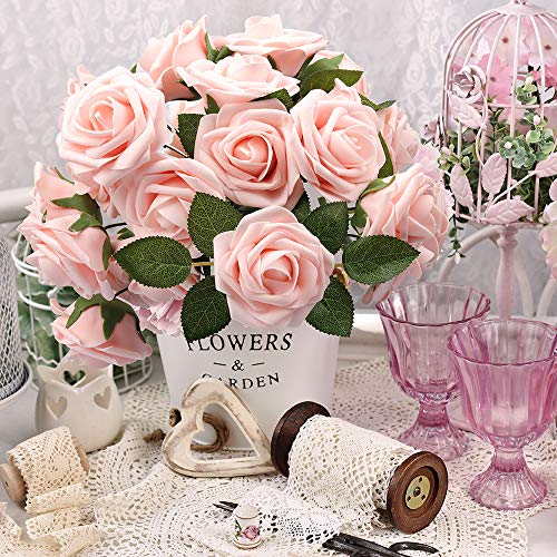 50 Pcs Blush Pink Artificial Roses Foam Flowers with Stems