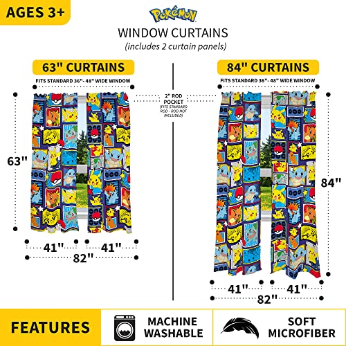 Kids Window Curtains Set - Pikachu, Charmander, and Squirtle Print, 82x63 In