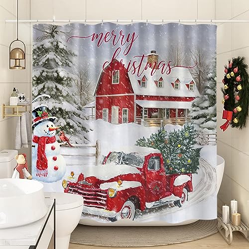 Sanzugh Farmhouse Christmas Shower Curtain Grey 72x78 - Winter Truck Tree Snowman