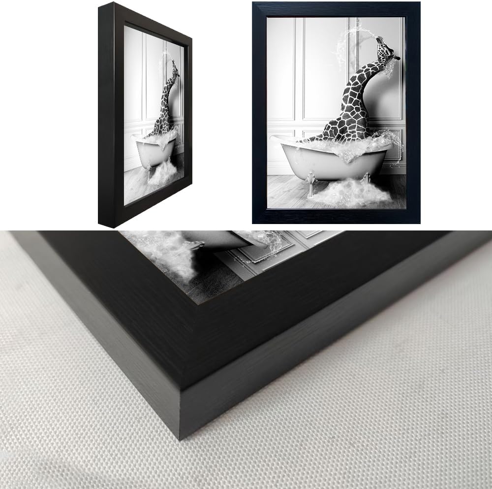 Regine Switzerland Funny Giraffe in Bathtub Wall Art - Framed Canvas Bathroom Decor | Black & White Farmhouse Style