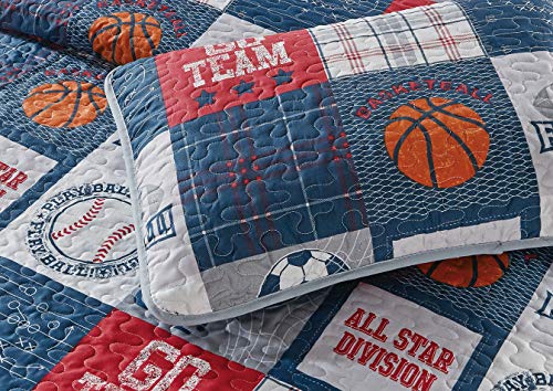Sports Patchwork Bedspread Set, Kids Basketball Soccer Full/Queen Quilt