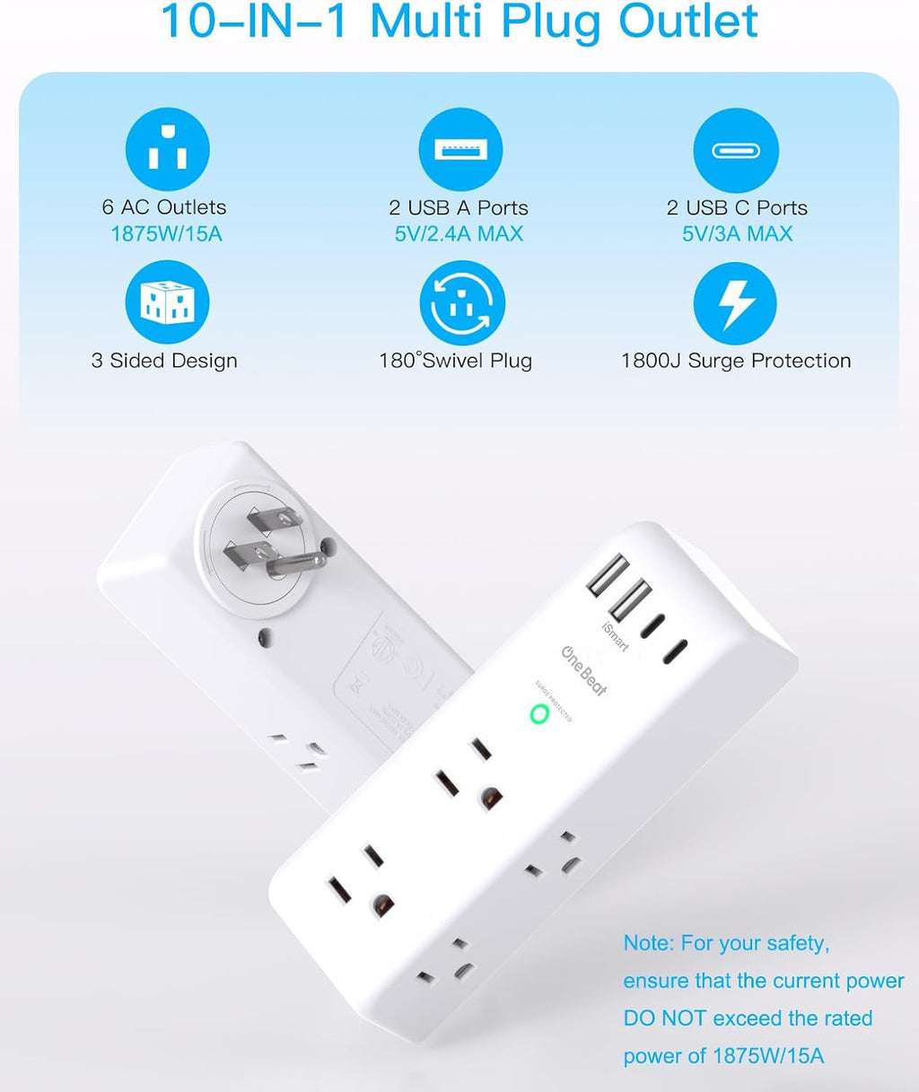 Surge Protector by [Brand Name] - 6 AC Outlet Extender with 4 USB Ports & Rotating Plug | 1800J Power Strip for Home & Office