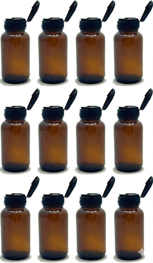 JUVITUS 4 oz Amber Glass Packer Bottle with Black Flip Top Cap (12 pack) + Labels