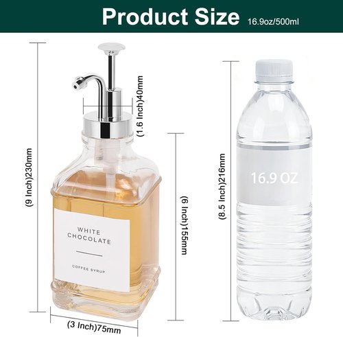 Coffee Syrup Dispenser Set by [Brand Name] - Clear Glass Bottles with Pump for Coffee Bar | 500ml, Chrome Finish