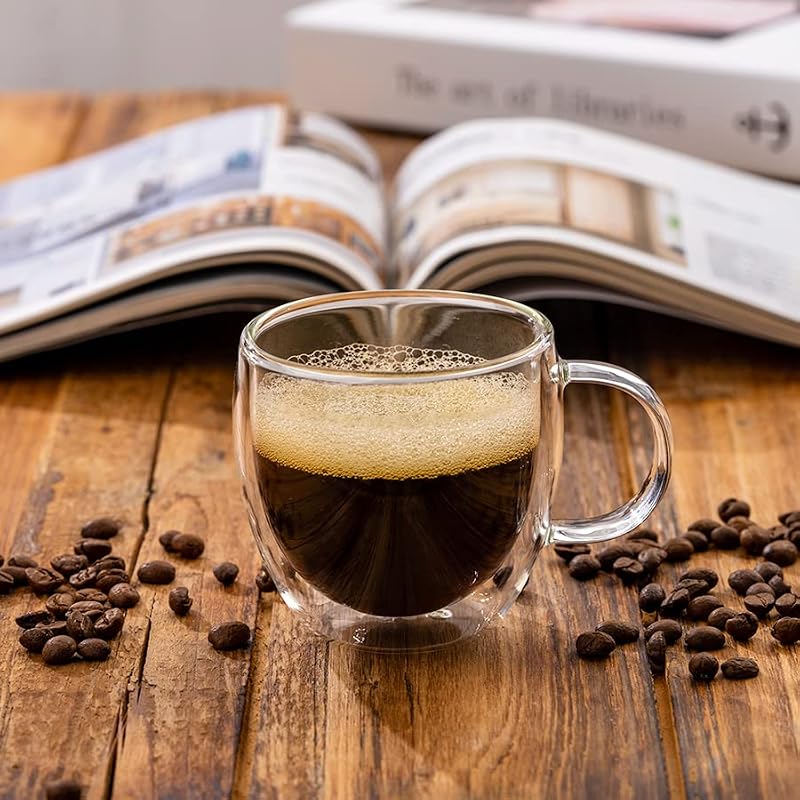 Double Wall Borosilicate Glass Espresso Cups Set of 2 5oz - Thermo Insulated Coffee Mugs