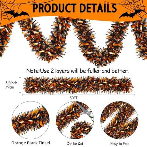 50ft Halloween Tinsel Garland - Metallic Orange & Black Hanging Decor