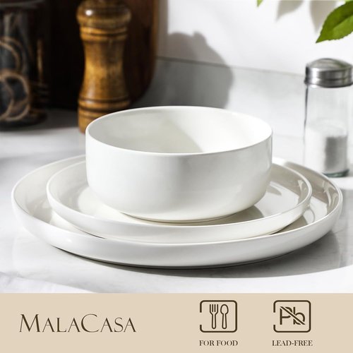 MALACASA 24 OZ Ceramic Cereal Bowls Set of 4 | 5.8 Inch Dishwasher & Microwave Safe - White LUNA Series