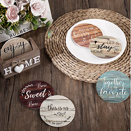 Queekay Farmhouse Coasters Set of 6 with Holder - Rustic New Home Gift, Mixed Design